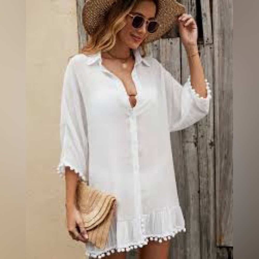 White Short Beach Dress Cover Up Button Front PomPom One Size 12 14 16